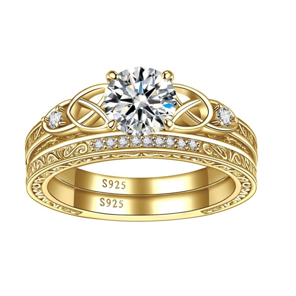 10k Love Trinity Celtic Knots Wedding Engagement Ring Set - Picture 1 of 10